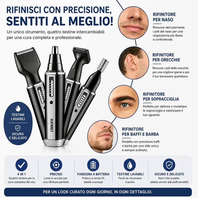 Rasoio Elettrico 4 in 1 per Uomo - Regolabarba, Naso, Orecchie e Rifinitore